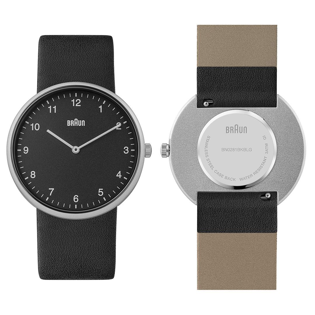 Braun Quartz Unisex Watch with Black Leather Strap &amp; Additional Blue Silicon Strap - BN0281BKBLG