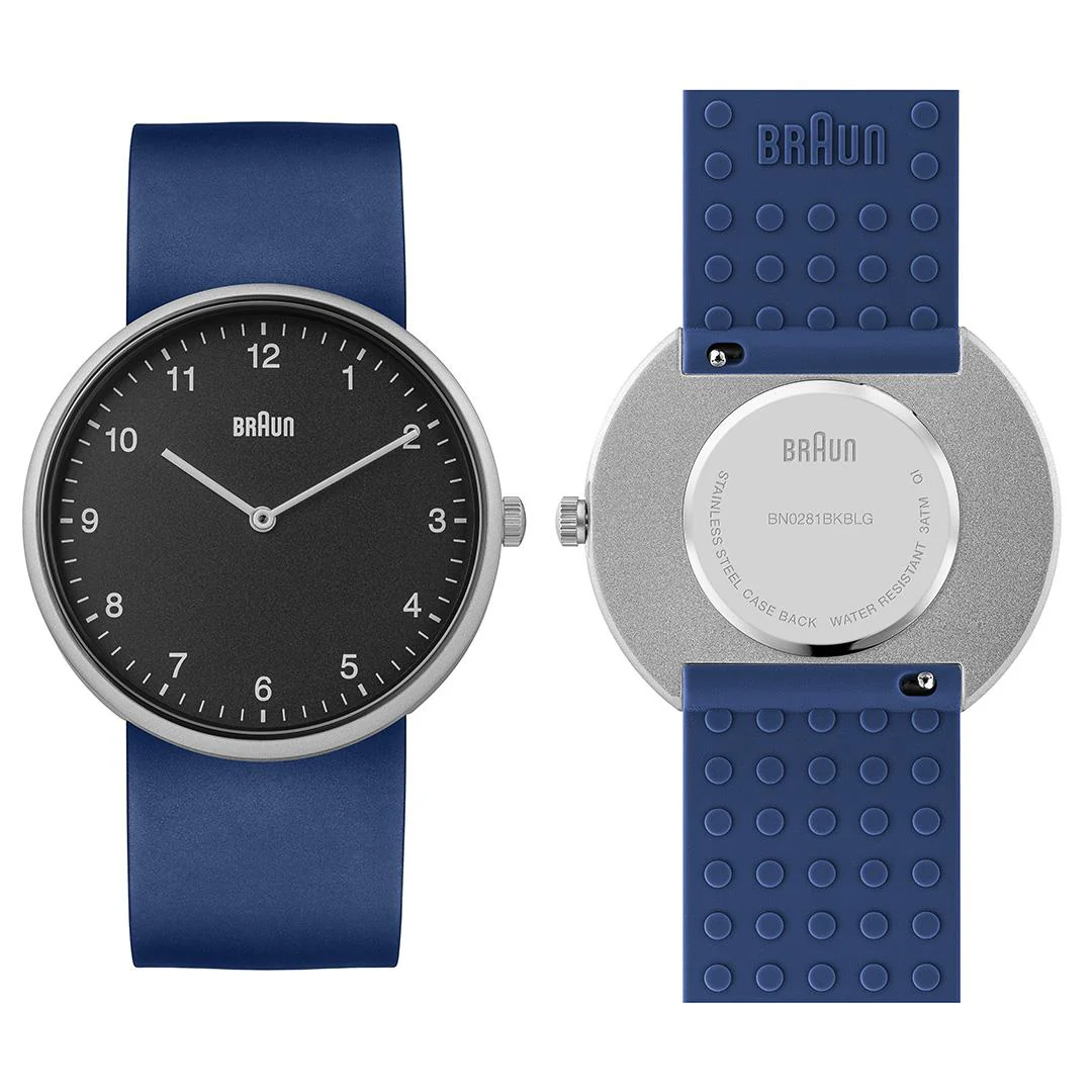 Braun Quartz Unisex Watch with Black Leather Strap &amp; Additional Blue Silicon Strap - BN0281BKBLG