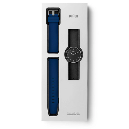 Braun Quartz Unisex Watch with Black Leather Strap &amp; Additional Blue Silicon Strap - BN0281BKBLG