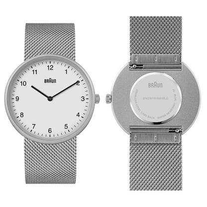 Braun Quartz Unisex Watch with Stainless Steel Mesh Strap &amp; Additional Blue Silicon Strap - BN0281WHMHBLG