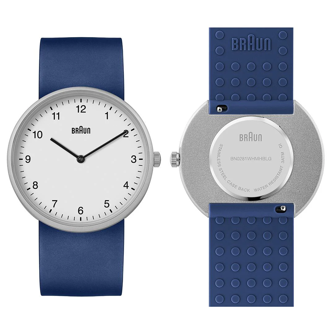 Braun Quartz Unisex Watch with Stainless Steel Mesh Strap &amp; Additional Blue Silicon Strap - BN0281WHMHBLG