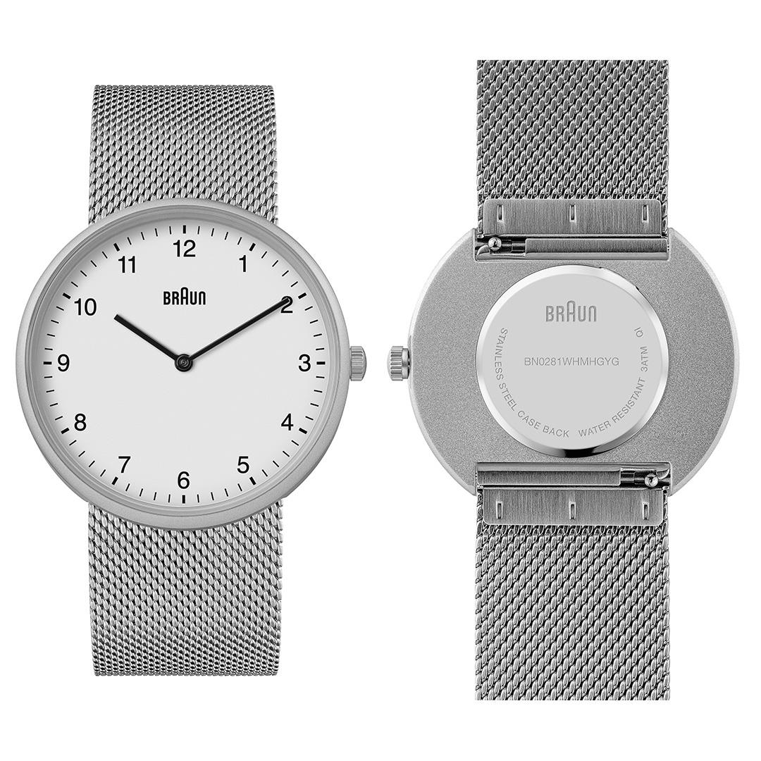 Braun Quartz Unisex Watch with Stainless Steel Mesh Strap &amp; Additional Grey Silicon Strap - BN0281WHMHGYG