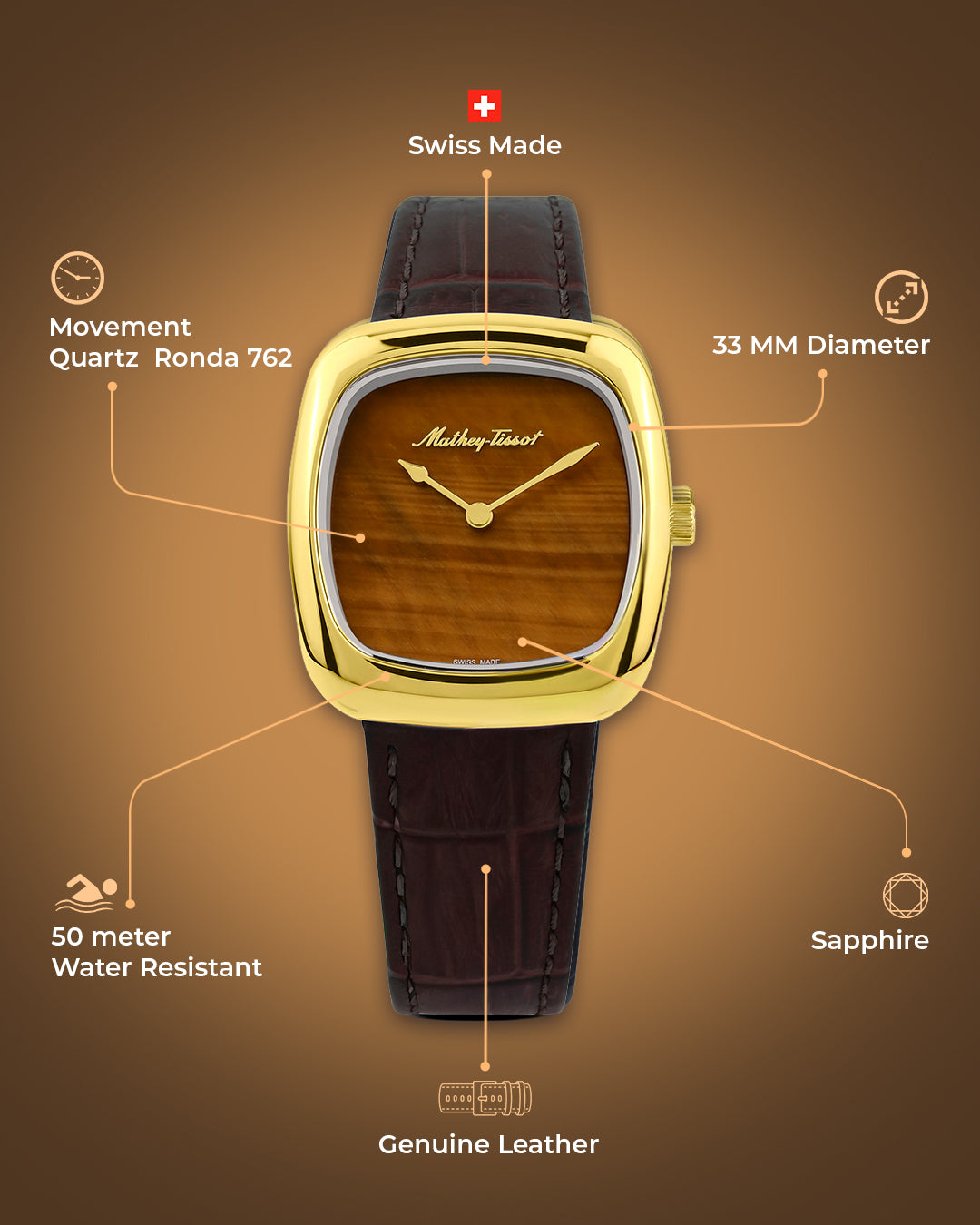 Mathey-Tissot Swiss Made Miss Quartz Ronda 762 Movement Brown Dial