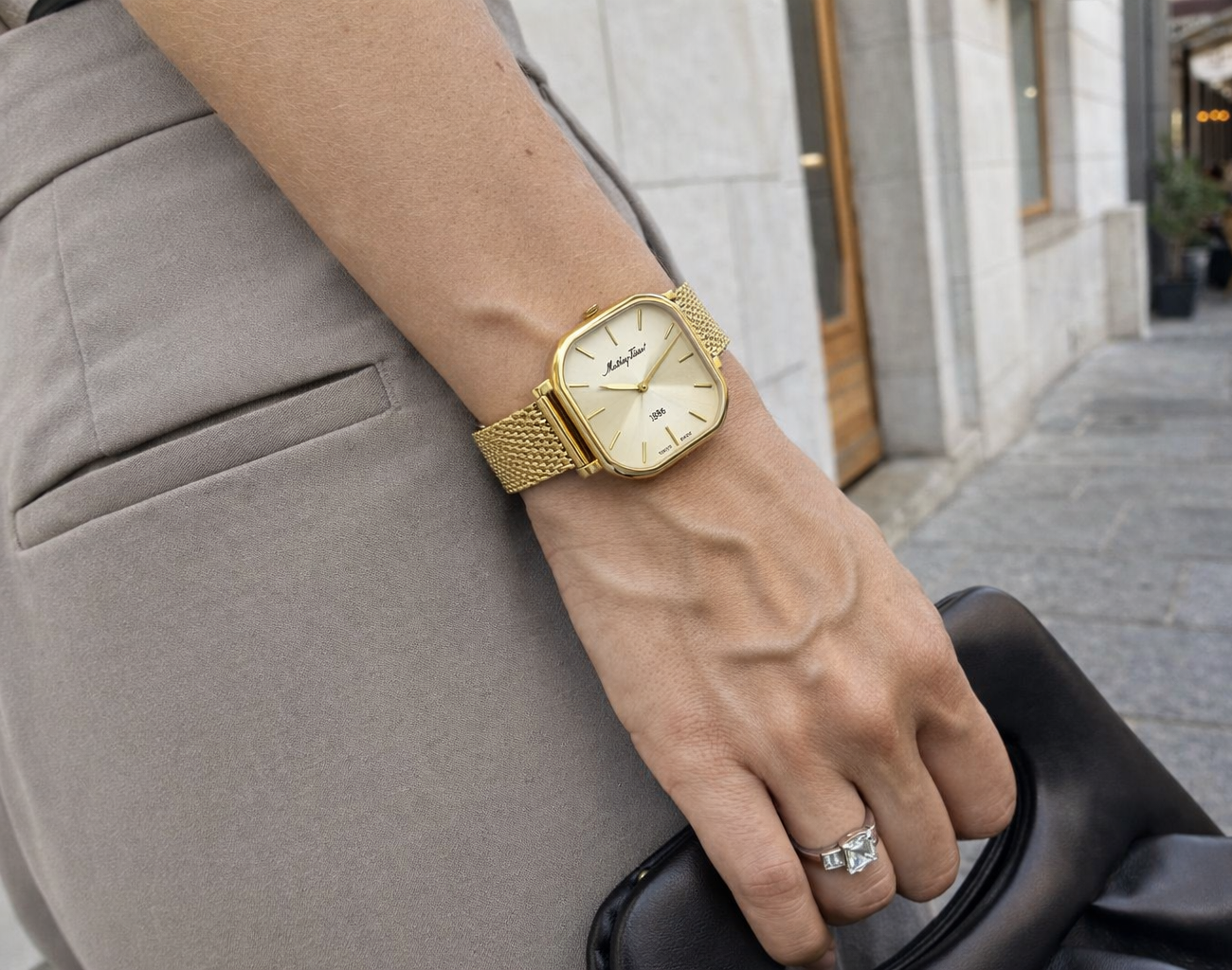 Mathey-Tissot Swiss Made Monsoon Square Quartz Gold Dial Analog Watch for Ladies - D7917PDI