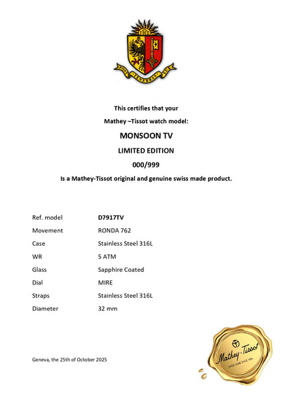 Mathey-Tissot Swiss Made Monsoon Square Limited Edition Quatrz Multicolor Dial Analog Watch For Ladies - D7917TV