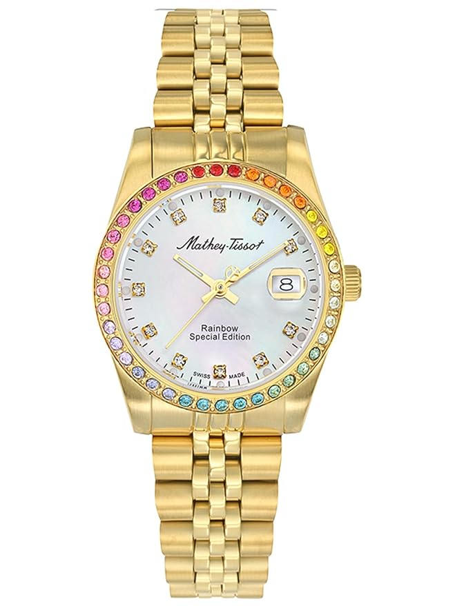 Mathey-Tissot Stainless Steel White Dial Analogue Watch for Women -D809Pqyi, Gold Band