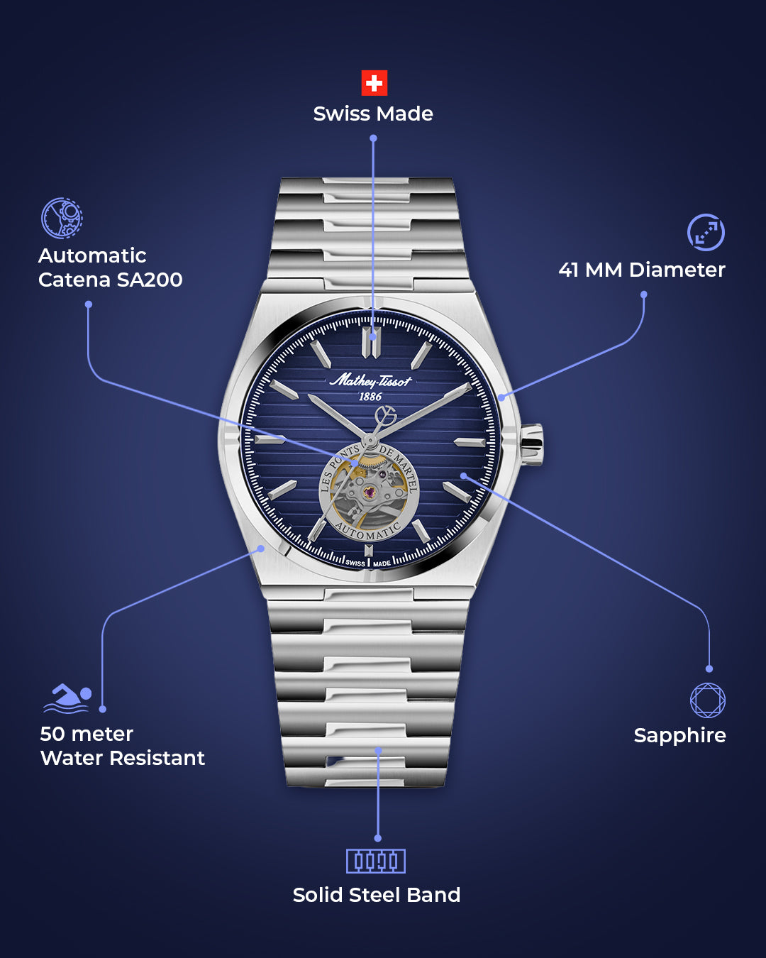 Mathey-Tissot Swiss Made Zeus Open Heart Automatic Blue Dial Analog Watch For Gents - EF118ATABU