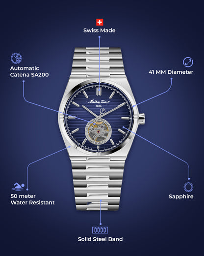 Mathey-Tissot Swiss Made Zeus Open Heart Automatic Blue Dial Analog Watch For Gents - EF118ATABU
