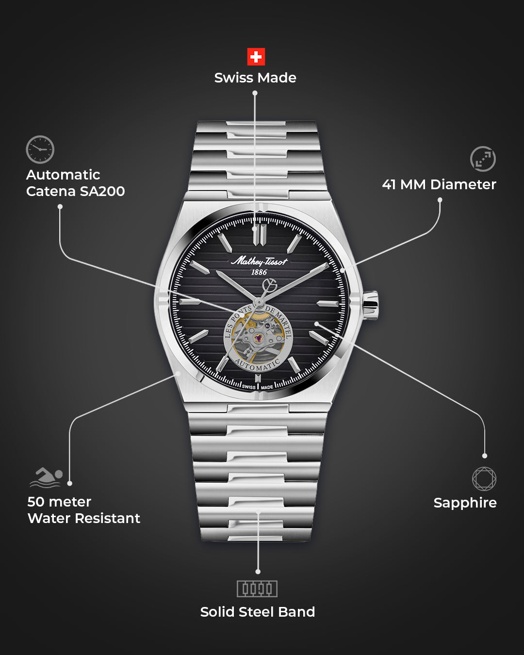 Mathey-Tissot Swiss Made Zeus Open Heart Automatic Black Dial Analog Watch For Gents - EF118ATAN