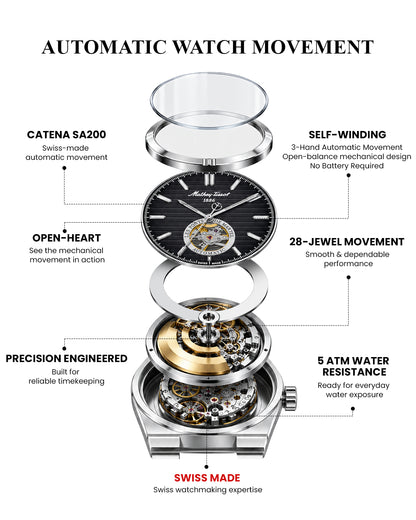 Mathey-Tissot Swiss Made Zeus Open Heart Automatic Black Dial Analog Watch For Gents - EF118ATAN