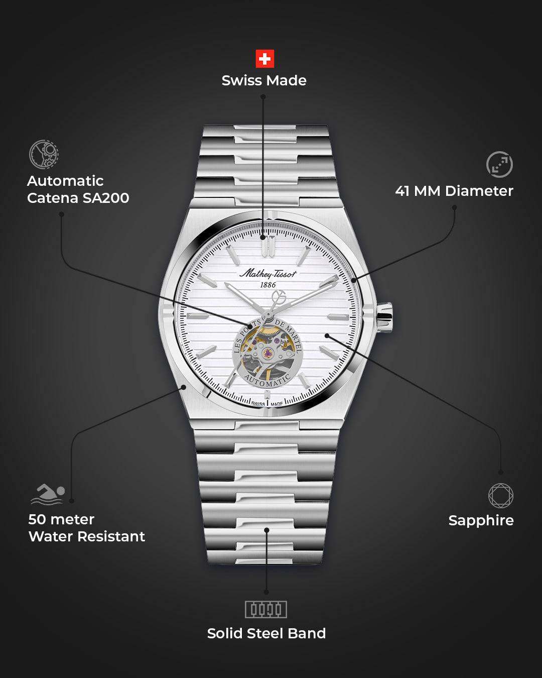 Mathey-Tissot Swiss Made Zeus Open Heart Automatic White Dial Analog Watch For Gents - EF118ATAS