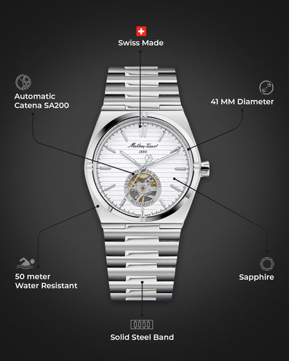 Mathey-Tissot Swiss Made Zeus Open Heart Automatic White Dial Analog Watch For Gents - EF118ATAS