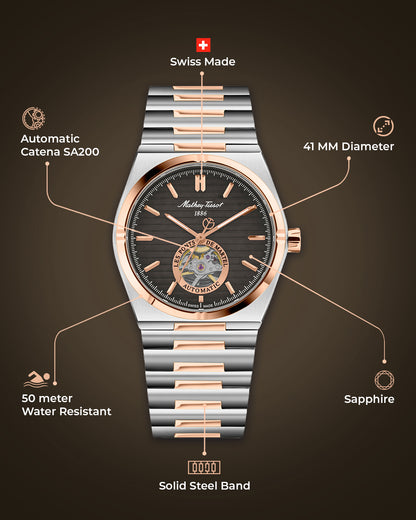 Mathey-Tissot Swiss Made Zeus Open Heart Automatic Black Dial Analog Watch For Gents - EF118ATRS