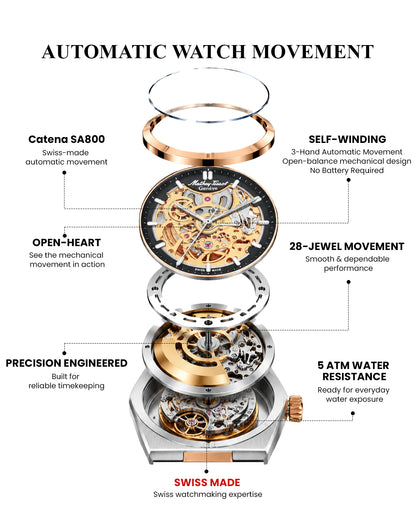 Mathey-Tissot Swiss Made Zeus Skeleton Two Tone Stainless Steel Grey Dial Automatic Gents Watch - H118CFRS