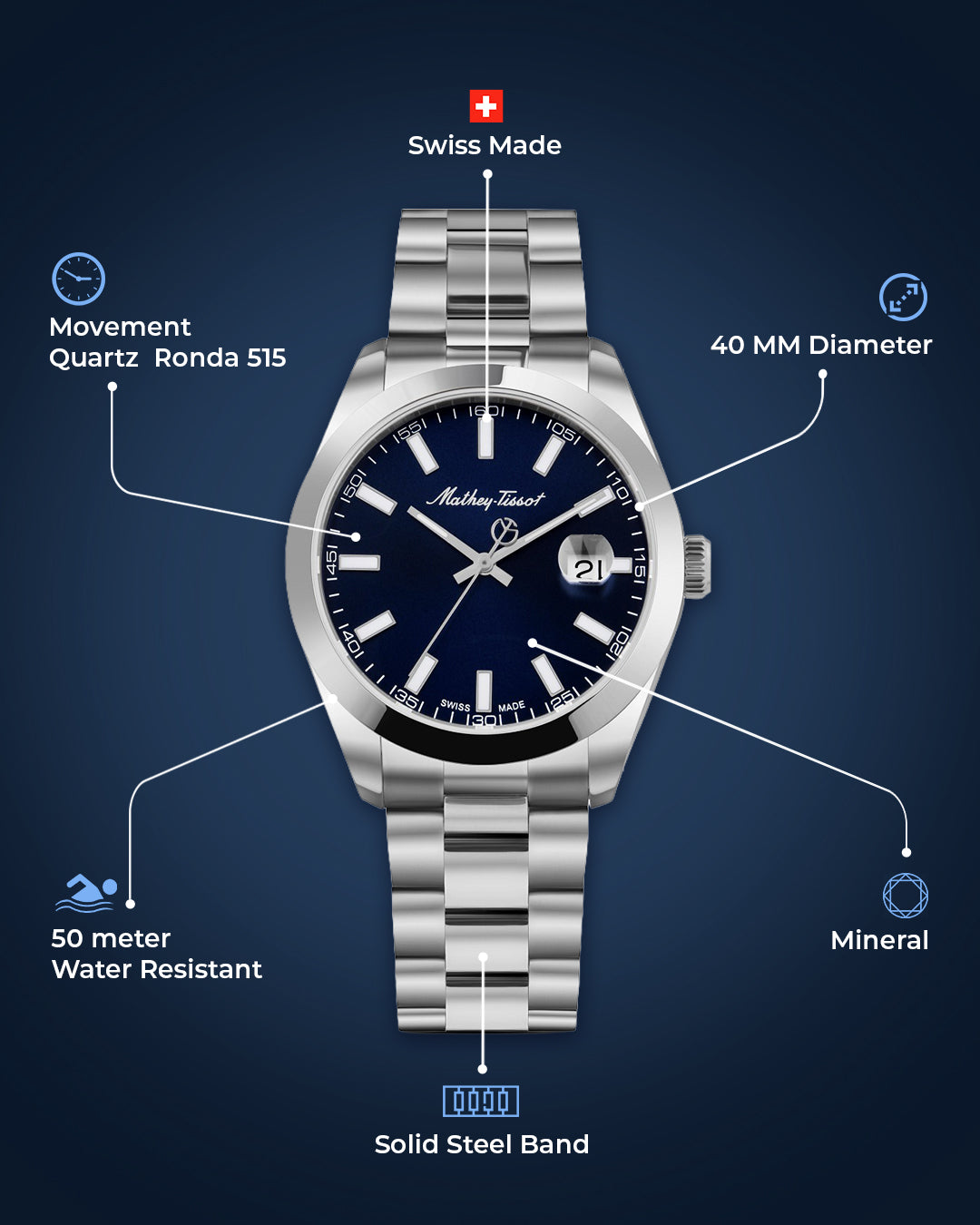 Mathey-Tissot Swiss Made Analog Blue Dial Watch For Men - H450ABU