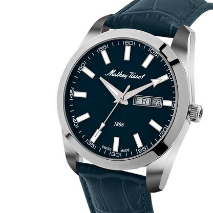 Mathey-Tissot Swiss Made Mathy I Day-Date Quatrz Blue Dial Analog Watch For Gents - H453ALBU