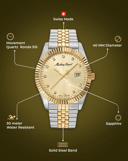 Mathey-Tissot Swiss Made Analog 40 MM Gold Dial Mens Watch-H710BDI