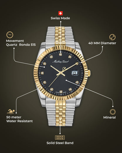 Mathey-Tissot Swiss Made Rolly Iii Crystal 40 MM Black Dial Mens Watch - H710BN