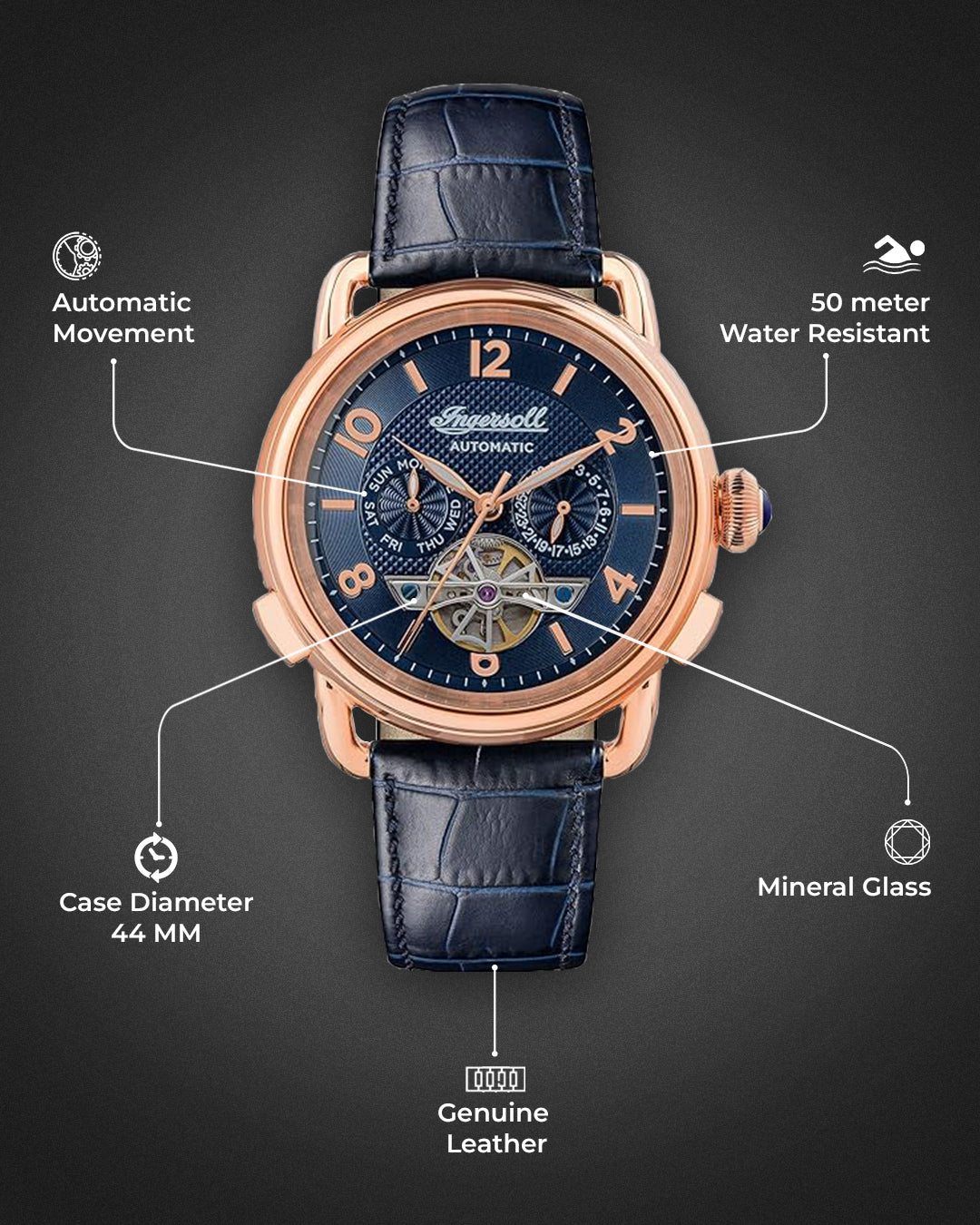 Ingersoll Automatic Analog Blue Dial Leather Strap Mens Watch - I00902B