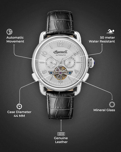 Ingersoll Classic Automatic Silver Dial Open Heart Analog Watch For Men - I00903B