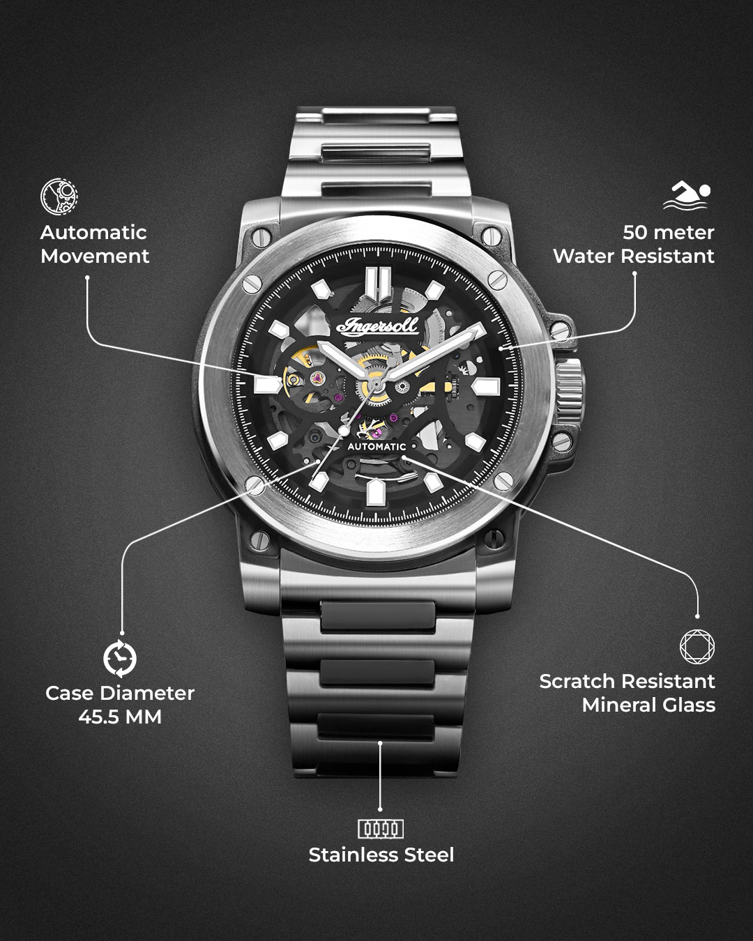 Ingersoll Automatic Black Skeleton Dial With Lifetime Warranty Analog Watch - For Gents  I14403