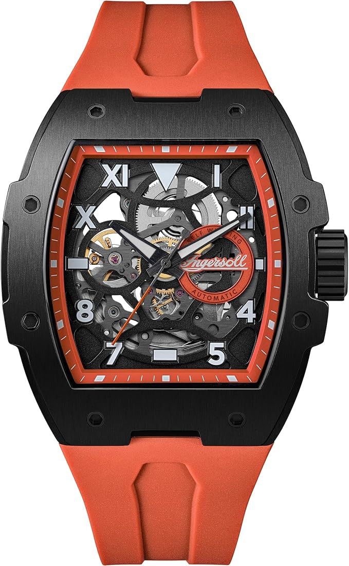 Ingersoll The Play Gents 45mm Automatic Watch with Black Skeleton Dial and Orange PU Strap I15304