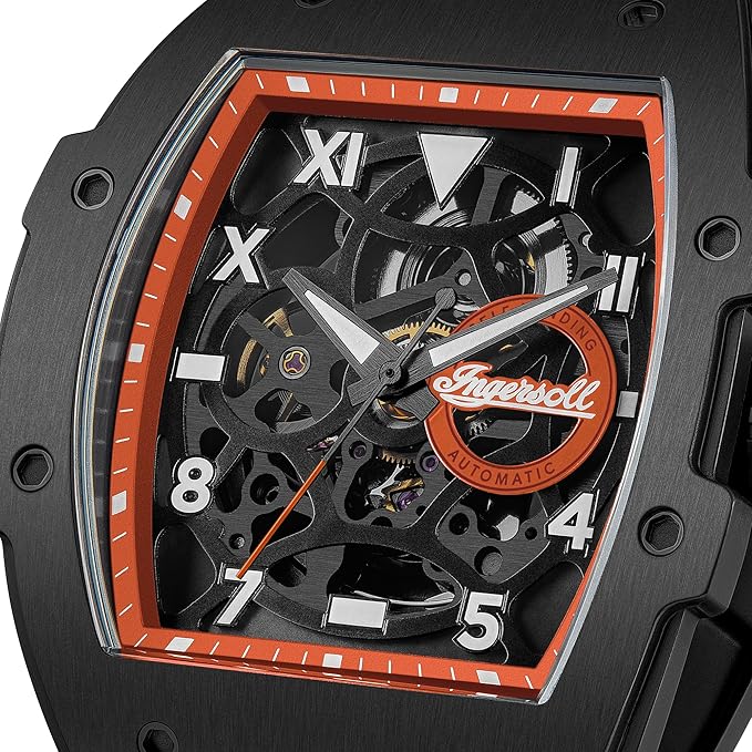 Ingersoll The Play Gents 45mm Automatic Watch with Black Skeleton Dial and Orange PU Strap I15304
