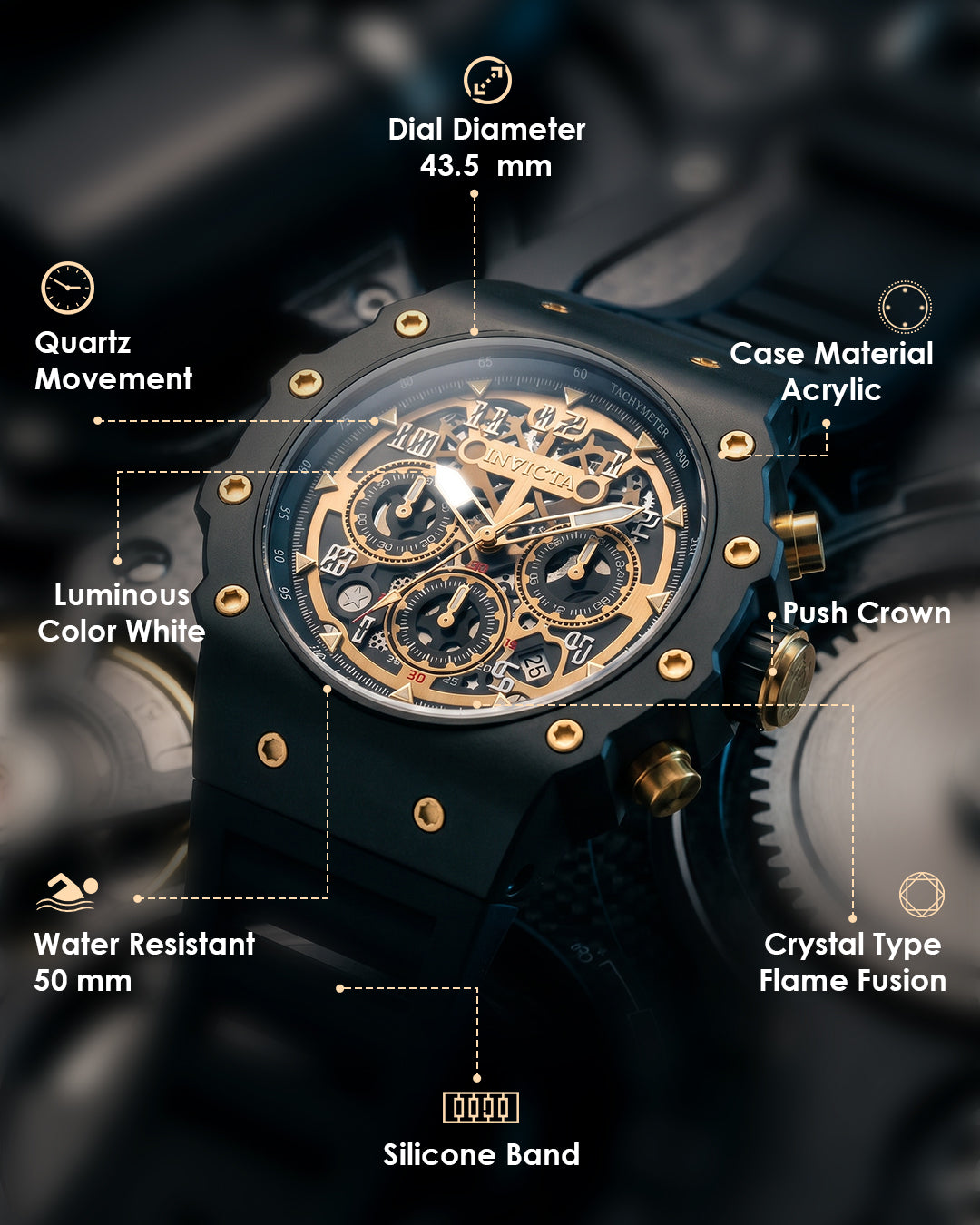 Invicta Racing Quartz Gold Dial Analog Watch For Gents - 69650