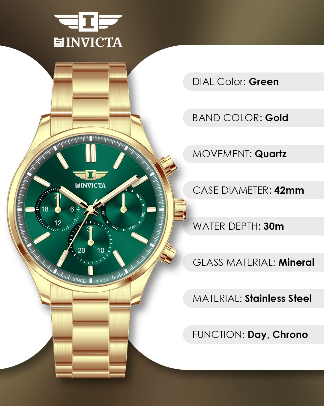 I-By Invicta Quartz Green Dial Analog Watch For Gents - IBI26038