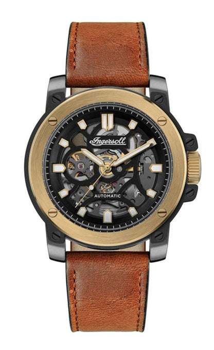 Ingersoll Automatic Black Skeleton Dial &amp; Brown Leather Strap With Lifetime Warranty Analog Watch - For Gents I14402