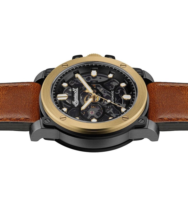 Ingersoll Automatic Black Skeleton Dial &amp; Brown Leather Strap With Lifetime Warranty Analog Watch - For Gents I14402