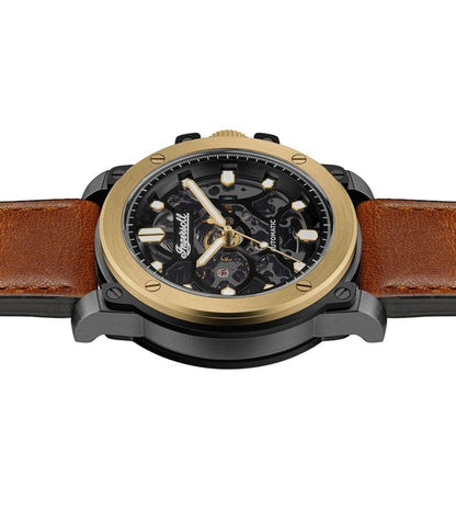 Ingersoll Automatic Black Skeleton Dial &amp; Brown Leather Strap With Lifetime Warranty Analog Watch - For Gents I14402