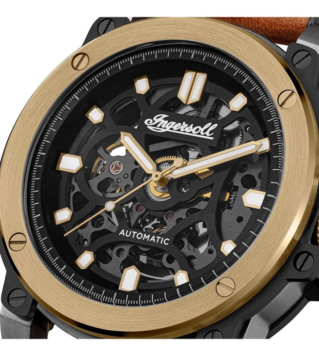 Ingersoll Automatic Black Skeleton Dial &amp; Brown Leather Strap With Lifetime Warranty Analog Watch - For Gents I14402