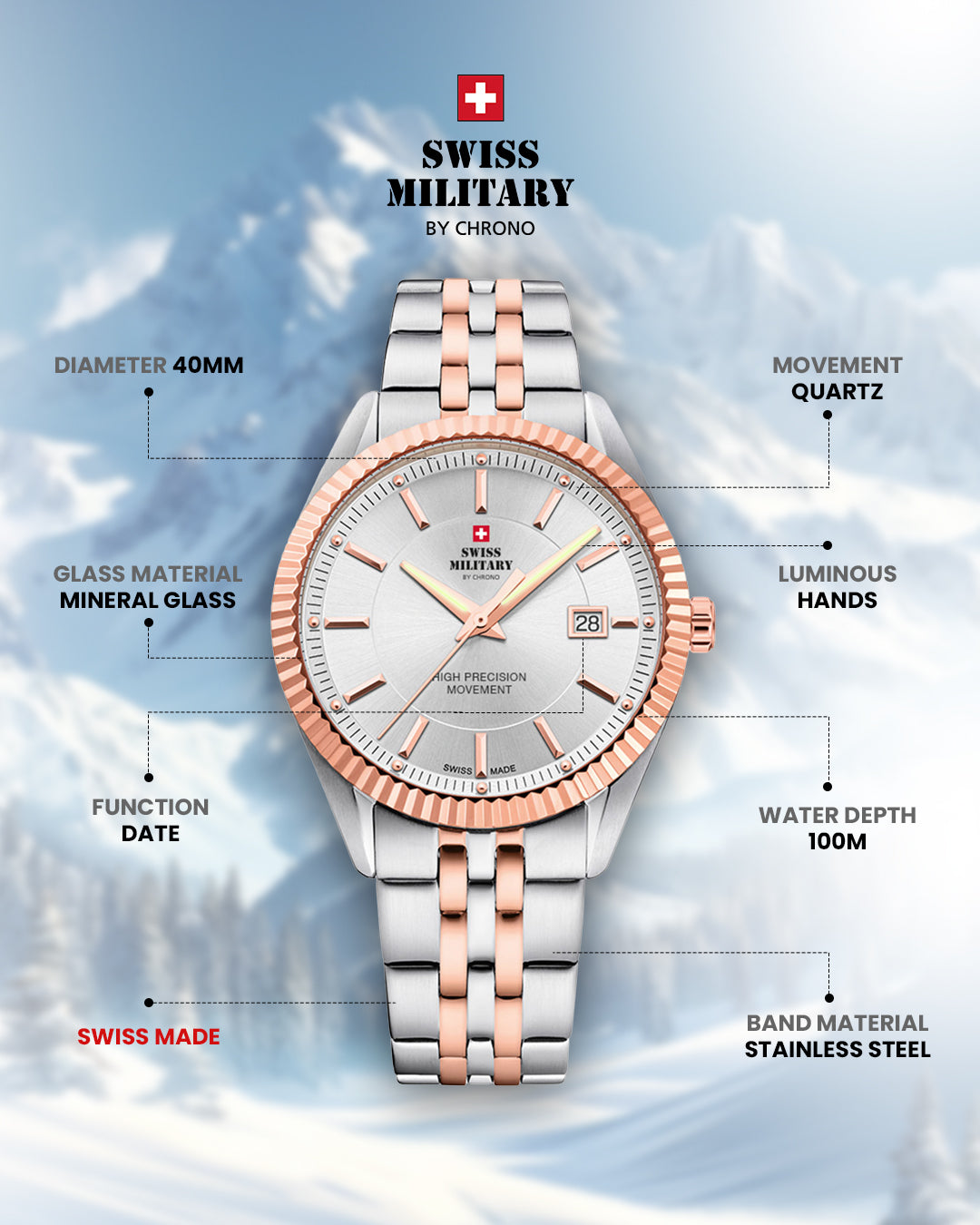 Swiss Military by Chrono Swiss Made Silver Dial Analog Watch for Gents - SM34065.07