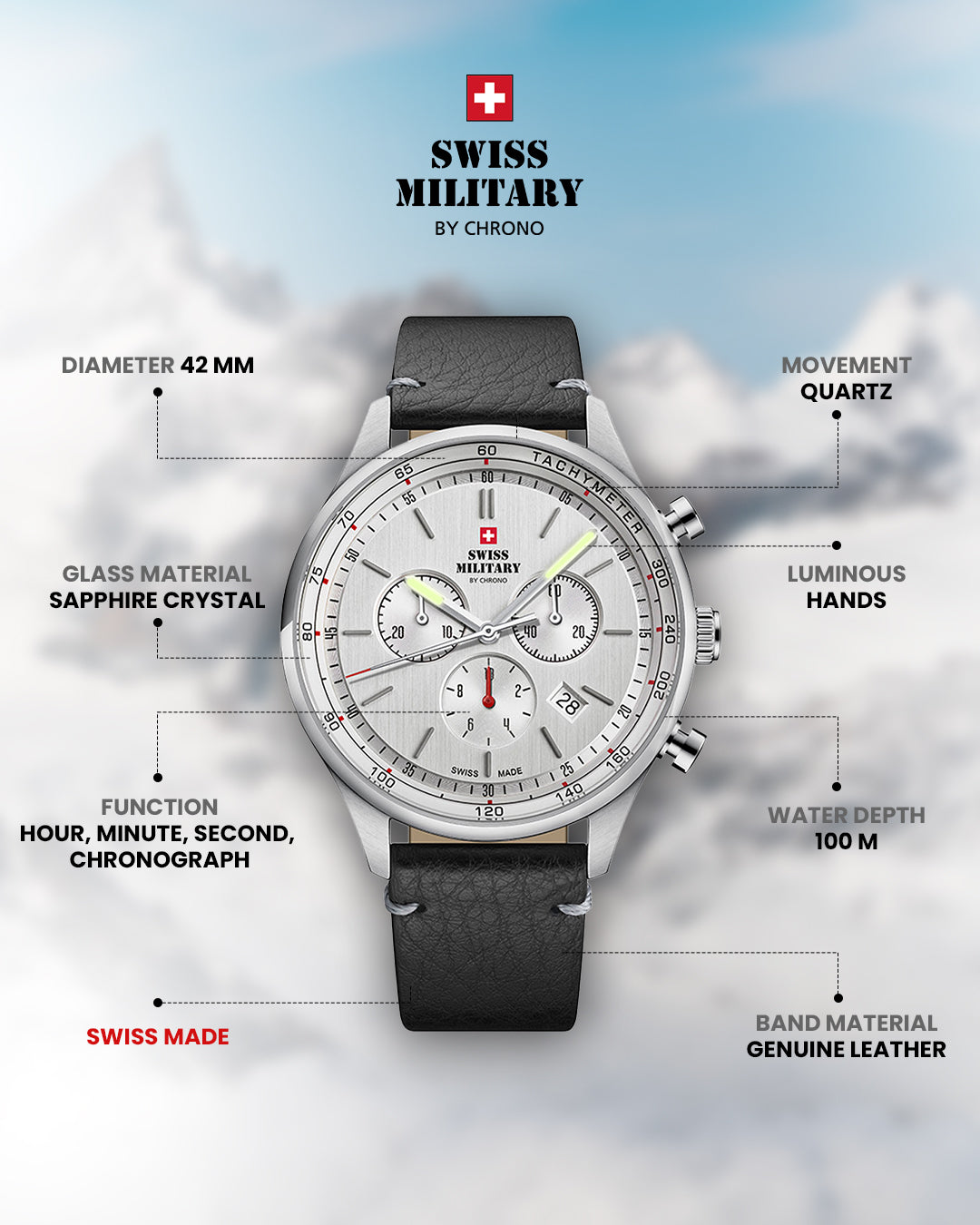 Swiss Military by Chrono Swiss Made Silver Dial Analog Watch for Gents - SM34081.07