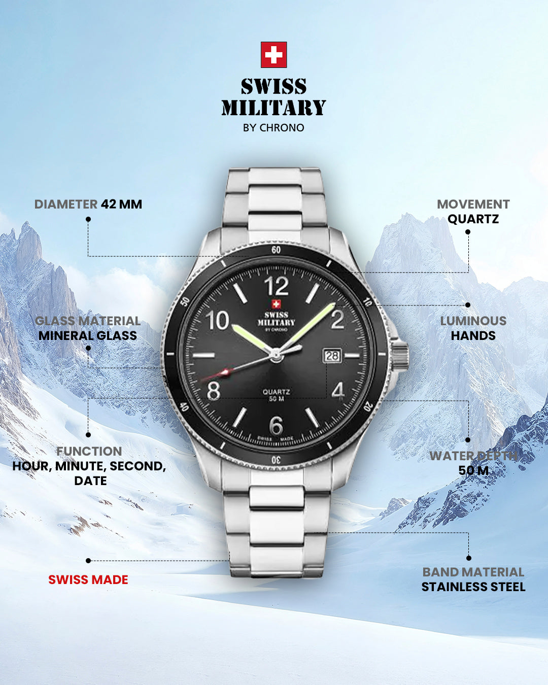 Swiss Military by Chrono Swiss Made Black Dial Analog Watch for Gents - SM34096.01