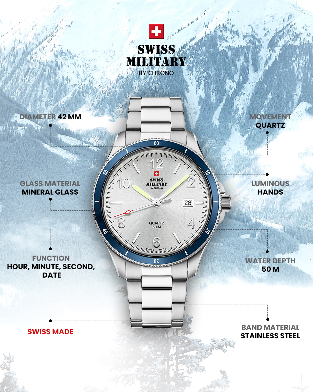 Swiss Military by Chrono Swiss Made Silver Dial Analog Watch for Gents - SM34096.02