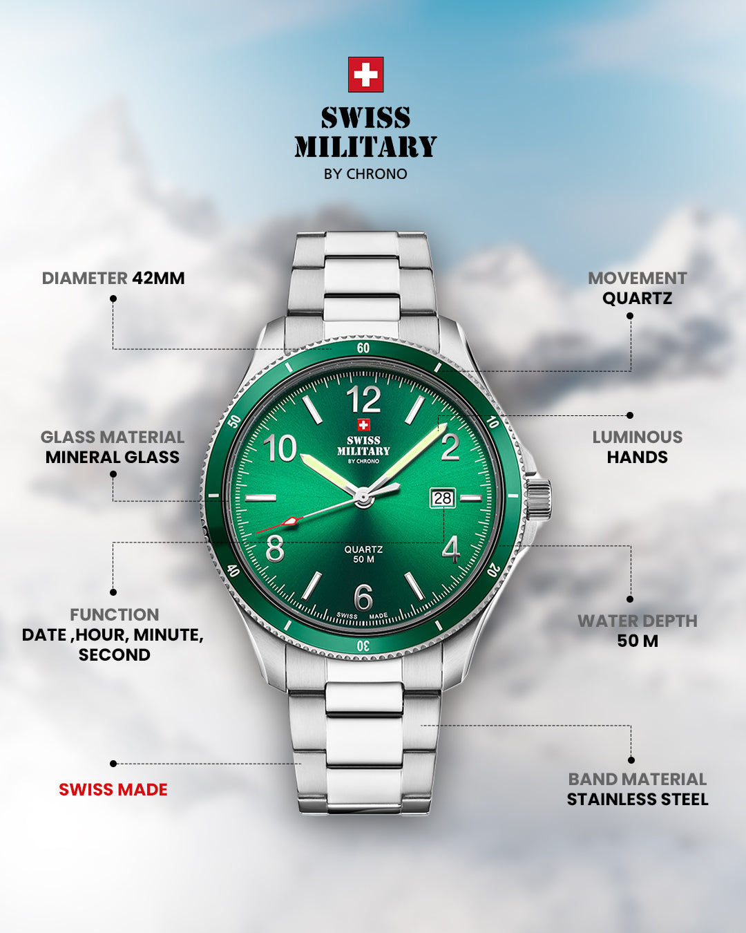 Swiss Military by Chrono Swiss Made Green Dial Analog Watch for Gents - SM34096.05