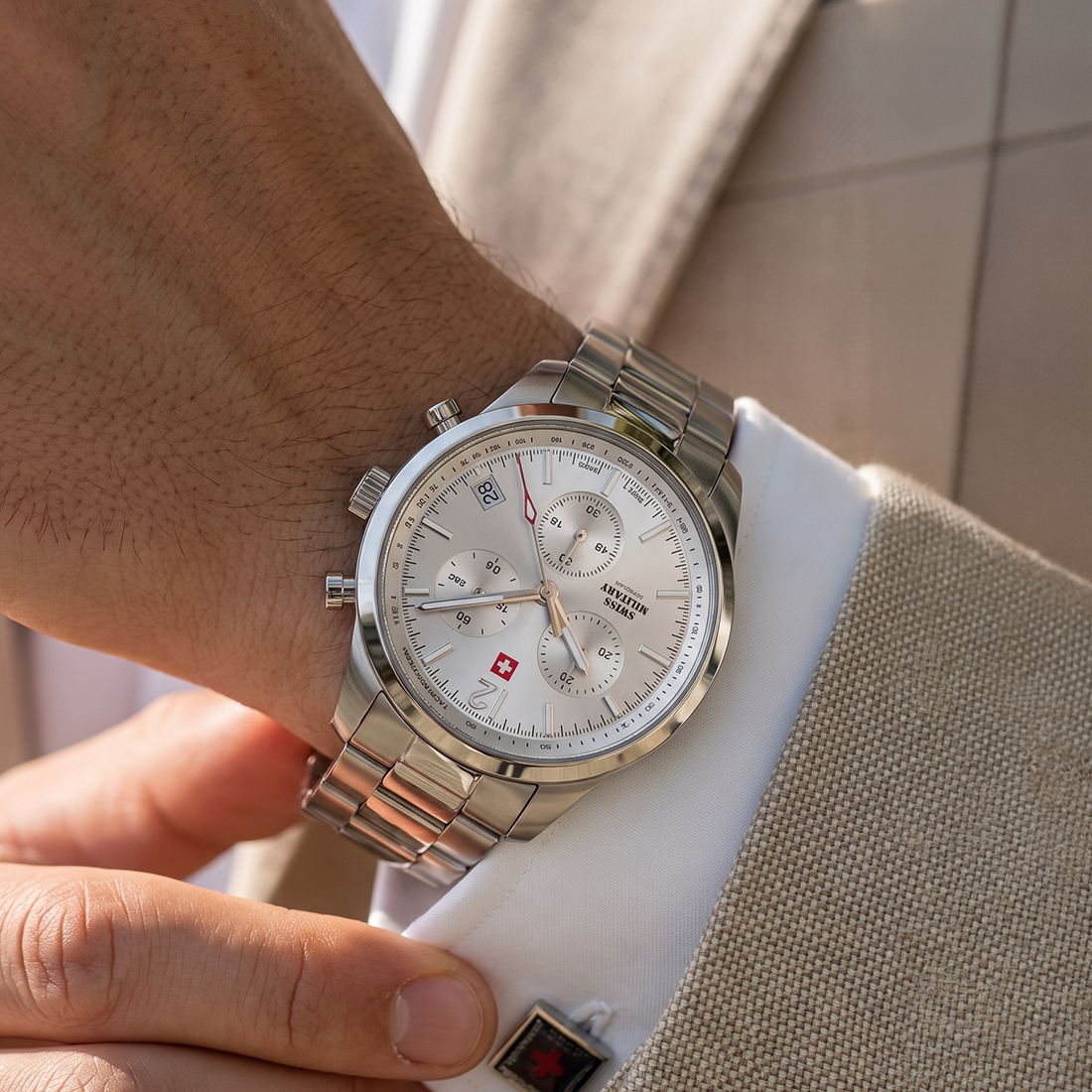 Swiss Military by Chrono Swiss Made White Dial Chronograph Watch for Gents - SM34097.02
