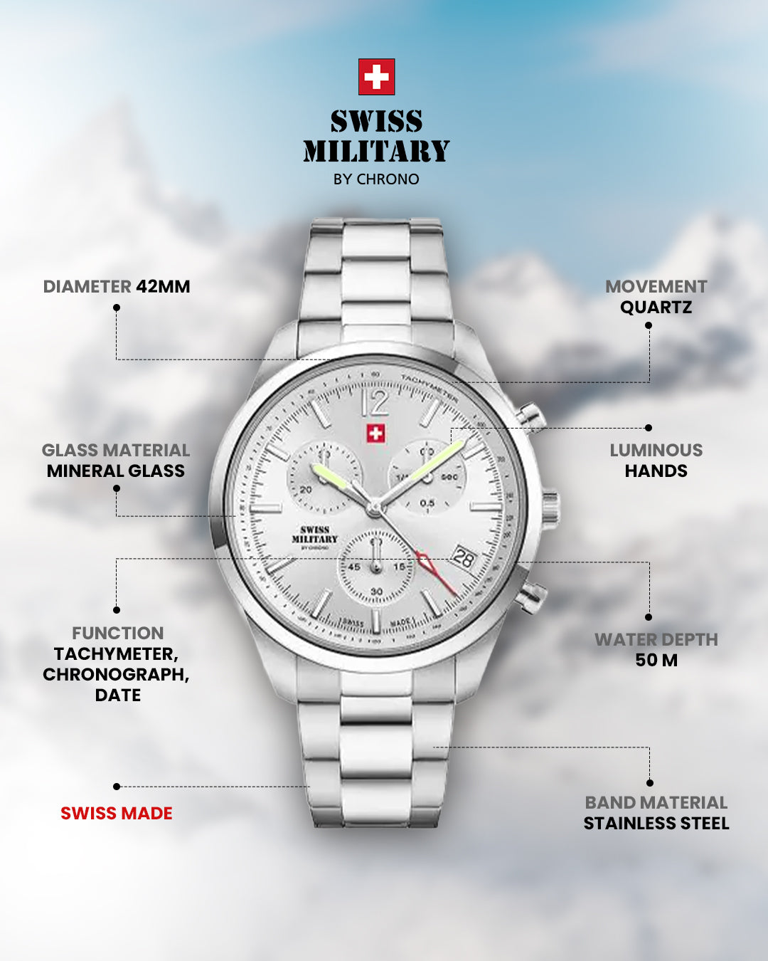 Swiss Military by Chrono Swiss Made White Dial Chronograph Watch for Gents - SM34097.02