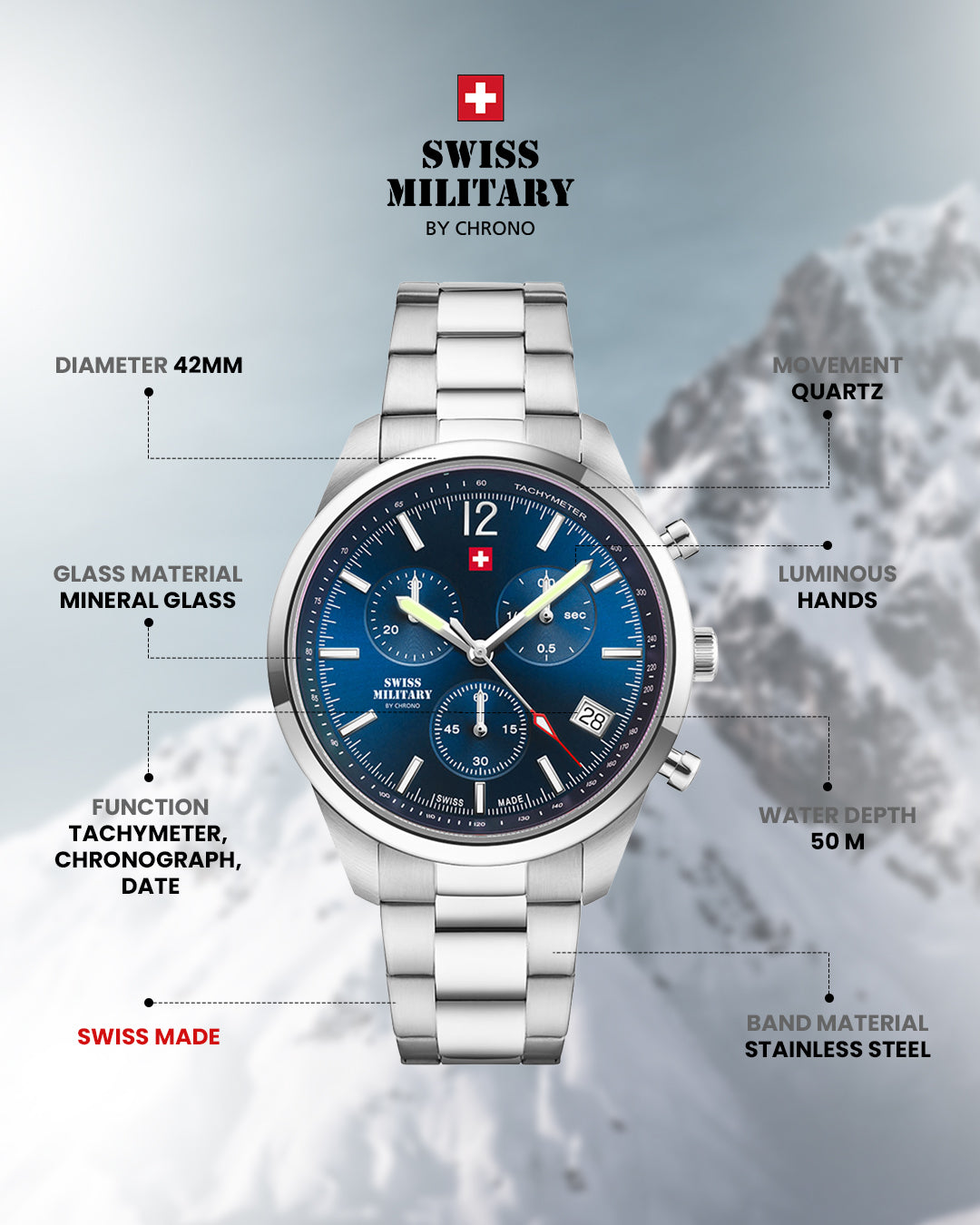 Swiss Military by Chrono Swiss Made Blue Dial Chronograph Watch for Gents - SM34097.03