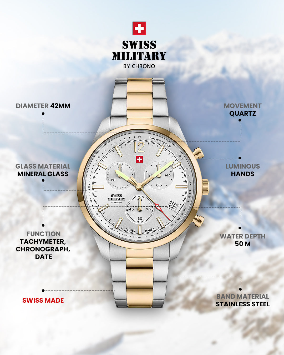 Swiss Military by Chrono Swiss Made Silver Dial Chronograph Watch for Gents - SM34097.05