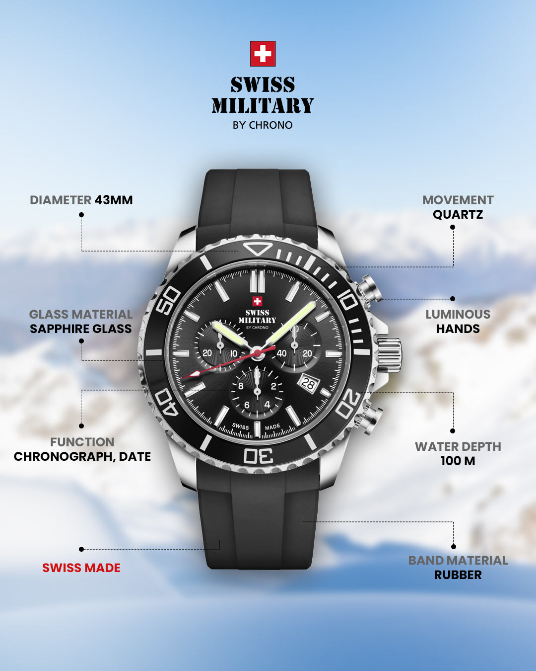 Swiss Military By Chrono Swiss Made Sports Chronograph Quartz Gents Watch 43mm SM34103.07