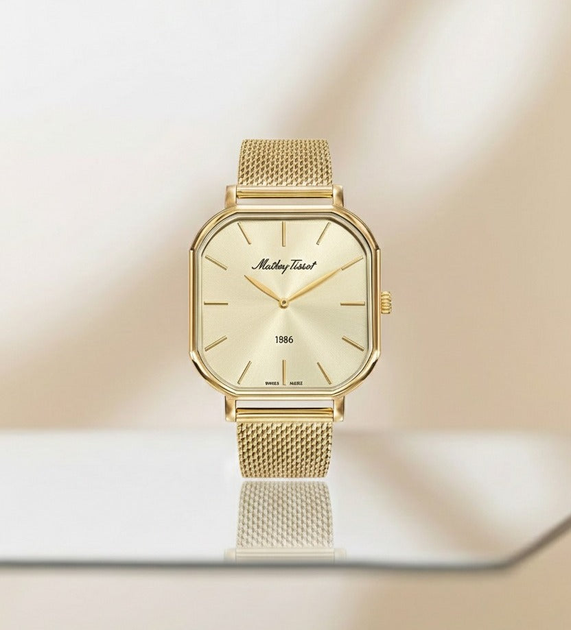 Mathey-Tissot Swiss Made Monsoon Square Quartz Gold Dial Analog Watch for Gents - H7917PDI