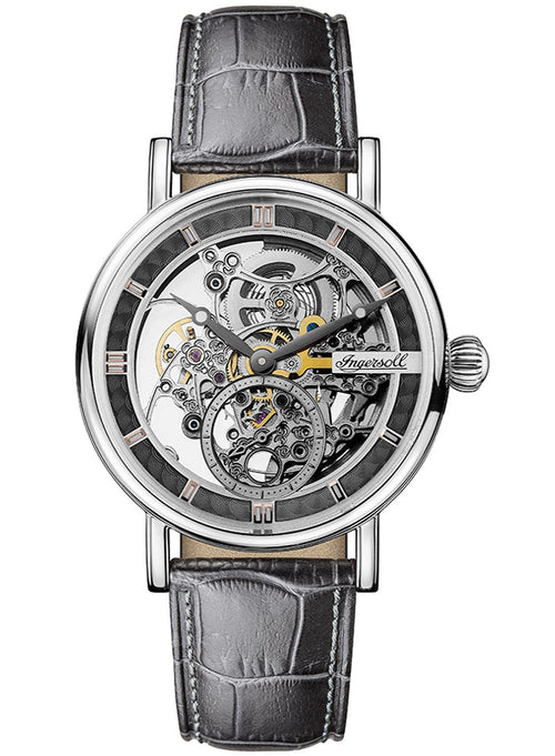 Ingersoll Mens The Herald Automatic Watch with a Skeleton Dial and a Grey Leather Strap - I00402B